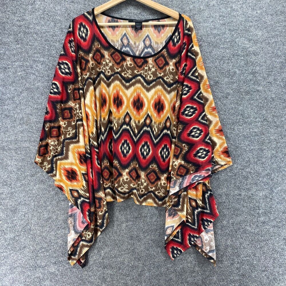 Ashley Stewart Blouse Women 14/16 Red Geometric Long Sleeve Round Neck Casual